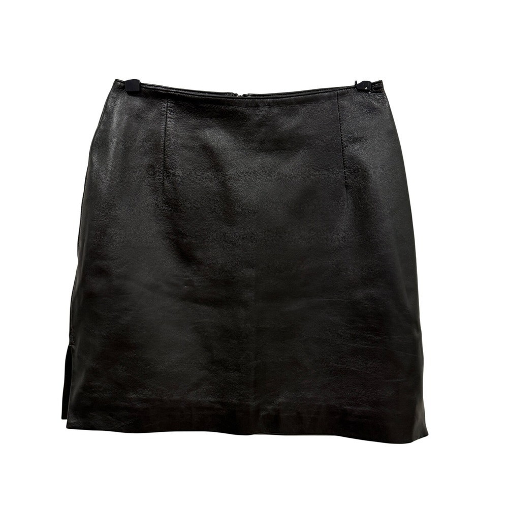 Hugo Buscati‎ Black Leather Mini Skirt Size 2 High Waisted Side Slit 129489R